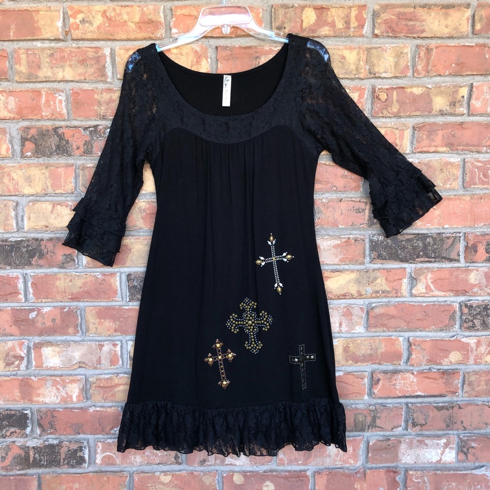 Rustic Nest black jersey dress with crosses